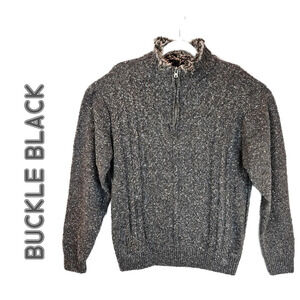Buckle Black Mens Pull Over Faux Fur With Zip Textured Speckles Sweater Sz XL
